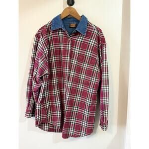 Vintage Faded Glory Long Sleeve Size XL Blue Denim Collar Shirt Is Red plaid.